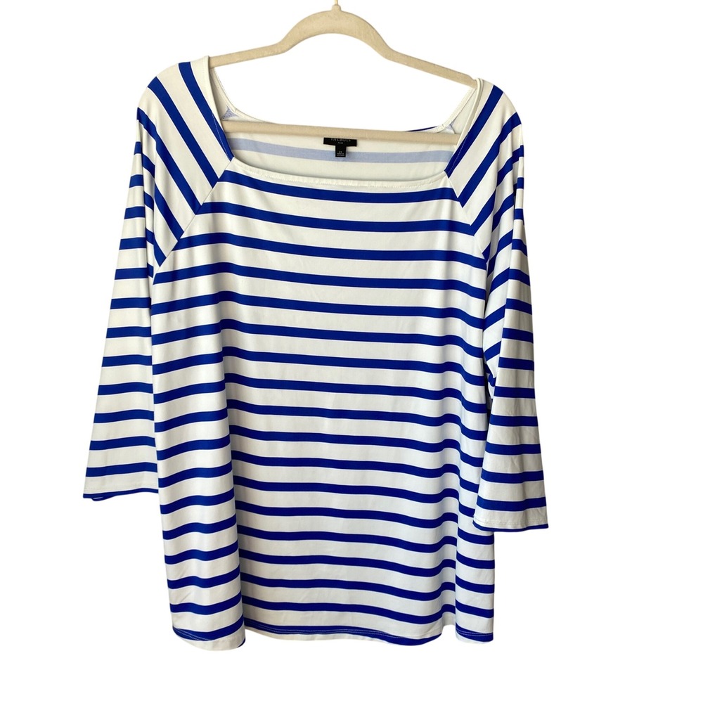 Talbots‎ Plus Womens 2X Blue White Striped Square Neck 3/4 Sleeve Tunic Top